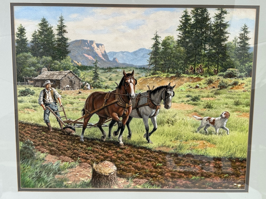 Marvin Nye (1910-2005, Kansas) Signed Original Watercolor And Gouache Drawing On Paper Titled 'Watching The Sodbuster' Dated 1989 21.5 X 18 Framed 36 X 30 [Photo 5]