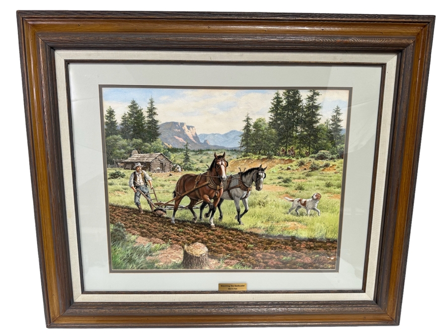 Marvin Nye (1910-2005, Kansas) Signed Original Watercolor And Gouache Drawing On Paper Titled 'Watching The Sodbuster' Dated 1989 21.5 X 18 Framed 36 X 30 [Photo 2]