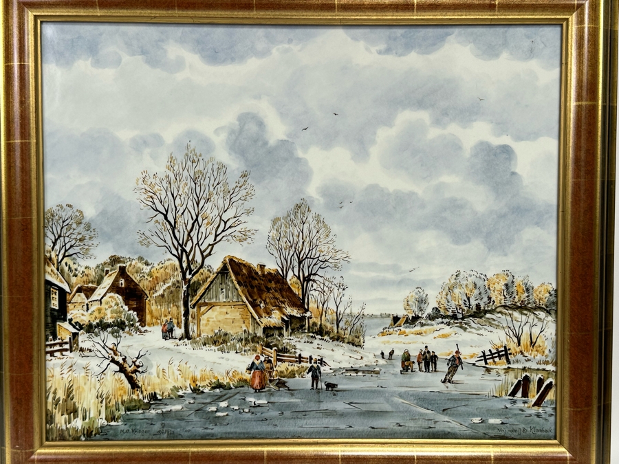 Large Hand Painted Delft Porcelain Plaque Painted By M. C. Krieger After Dutch Painting By Johann Bernhard Klombeck 21 X 17 Framed 26 X 22.5 [Photo 1]