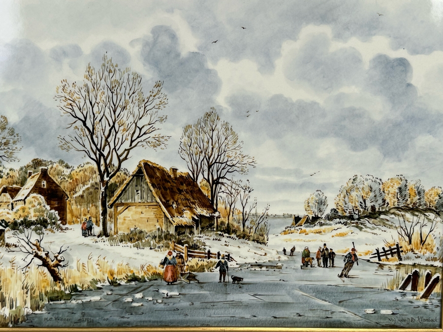 Large Hand Painted Delft Porcelain Plaque Painted By M. C. Krieger After Dutch Painting By Johann Bernhard Klombeck 21 X 17 Framed 26 X 22.5 [Photo 6]
