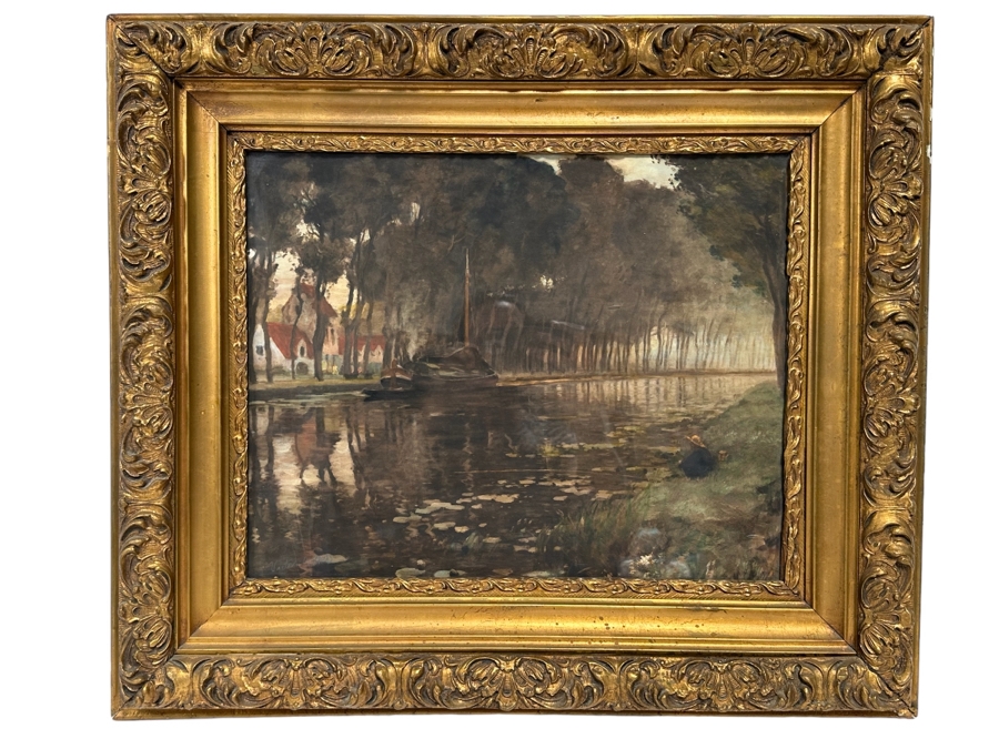 Stunning Antique River Scene Landscape Artwork On Paper Signed In Pencil 21 X 17 In Antique Gilt Wooden Frame 29 X 25