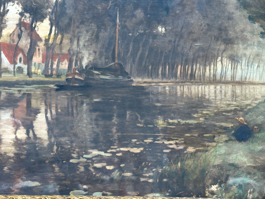 Victor Giraud (1868-1953, French) Stunning Antique Original River Scene Landscape Painting Signed Lower Right In Pencil 21 X 17 In Antique Gilded Wooden Frame 29 X 25 [Photo 19]