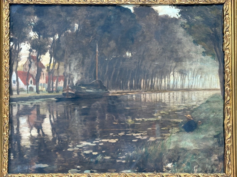 Victor Giraud (1868-1953, French) Stunning Antique Original River Scene Landscape Painting Signed Lower Right In Pencil 21 X 17 In Antique Gilded Wooden Frame 29 X 25 [Photo 6]