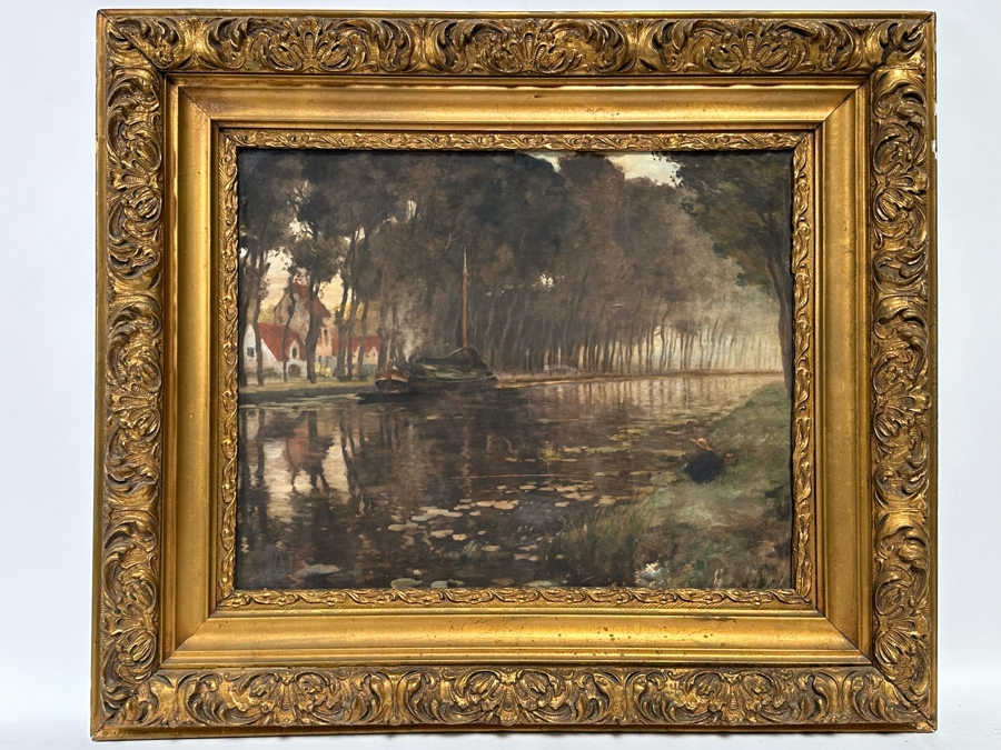 Victor Giraud (1868-1953, French) Stunning Antique Original River Scene Landscape Painting Signed Lower Right In Pencil 21 X 17 In Antique Gilded Wooden Frame 29 X 25 [Photo 2]