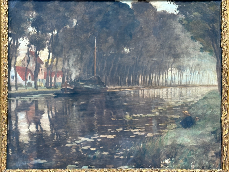 Victor Giraud (1868-1953, French) Stunning Antique Original River Scene Landscape Painting Signed Lower Right In Pencil 21 X 17 In Antique Gilded Wooden Frame 29 X 25 [Photo 4]