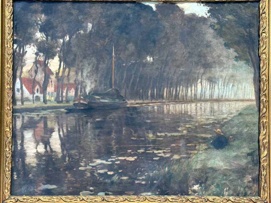 Victor Giraud (1868-1953, French) Stunning Antique Original River Scene Landscape Painting Signed Lower Right In Pencil 21 X 17 In Antique Gilded Wooden Frame 29 X 25 [Photo 5]