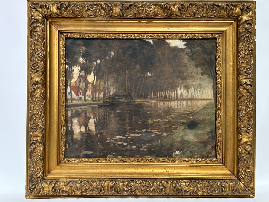 Victor Giraud (1868-1953, French) Stunning Antique Original River Scene Landscape Painting Signed Lower Right In Pencil 21 X 17 In Antique Gilded Wooden Frame 29 X 25 [Photo 3]