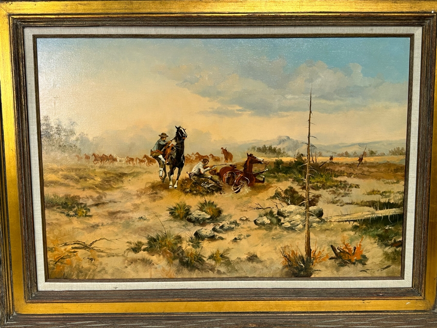 Original Signed Western Oil Painting Signature Illegible C. Moody? 36 X ...