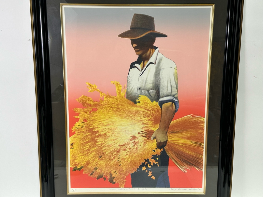 Gary Ernest Smith (B. 1942, Utah) Signed Limited Edition Print Titled 'Man With Wheat Bundle' Numbered 27 Of 155 Dated 1991 20 X 27.5 Framed 29 X 36 [Photo 3]