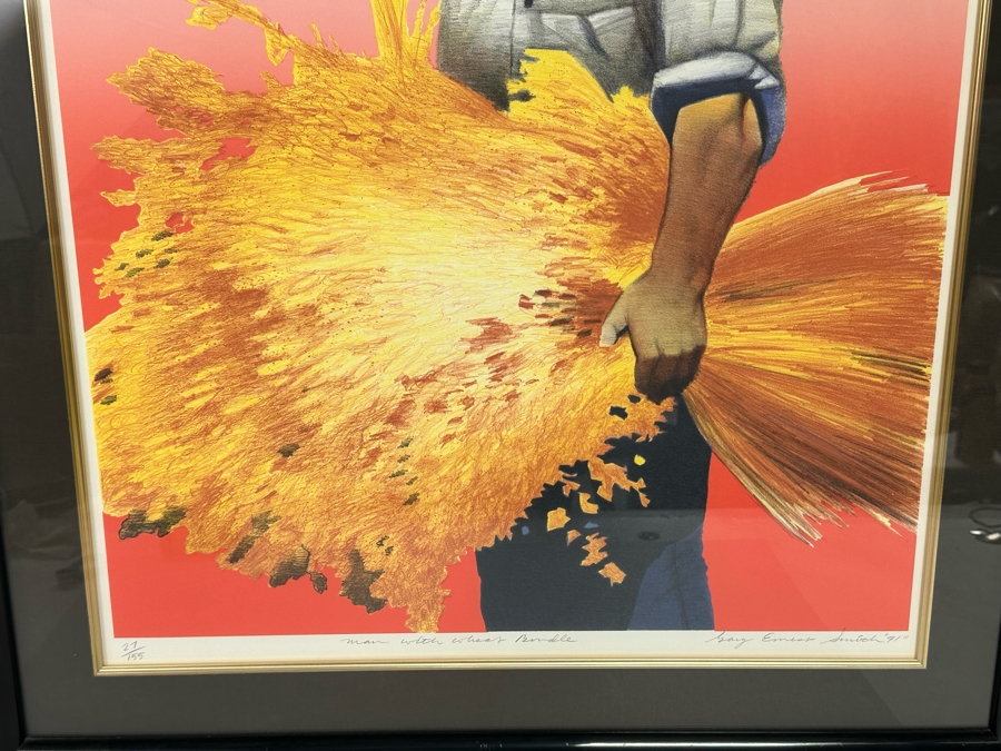 Gary Ernest Smith (B. 1942, Utah) Signed Limited Edition Print Titled 'Man With Wheat Bundle' Numbered 27 Of 155 Dated 1991 20 X 27.5 Framed 29 X 36 [Photo 6]