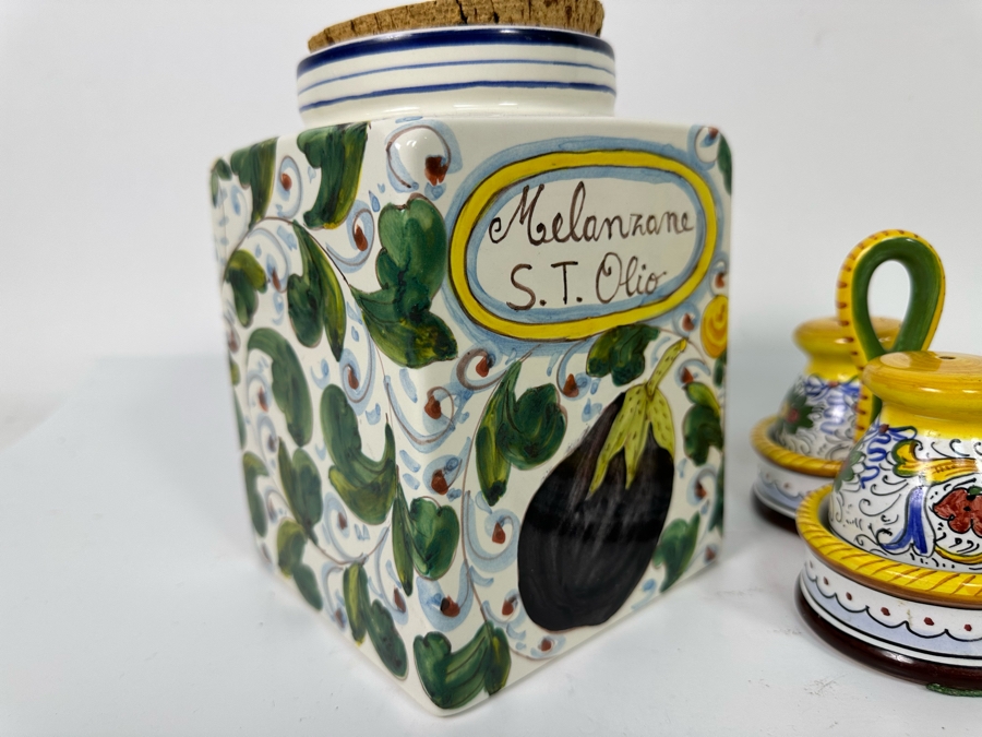 Pair Of Hand Painted Decorative Italian Cannisters 5W X 7H And Italian Hand Painted Salt & Pepper Shakers Retails $250+ [Photo 6]
