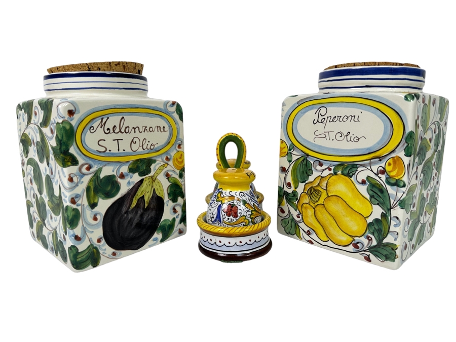 Pair Of Hand Painted Decorative Italian Cannisters 5W X 7H And Italian Hand Painted Salt & Pepper Shakers Retails $250+ [Photo 1]