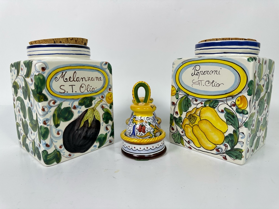Pair Of Hand Painted Decorative Italian Cannisters 5W X 7H And Italian Hand Painted Salt & Pepper Shakers Retails $250+ [Photo 5]