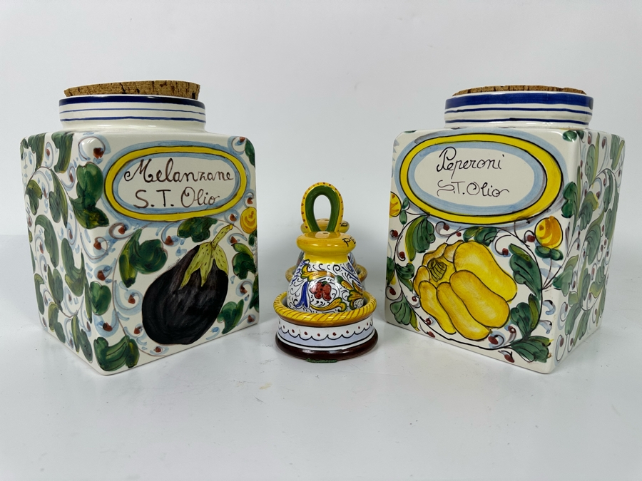 Pair Of Hand Painted Decorative Italian Cannisters 5W X 7H And Italian Hand Painted Salt & Pepper Shakers Retails $250+ [Photo 4]