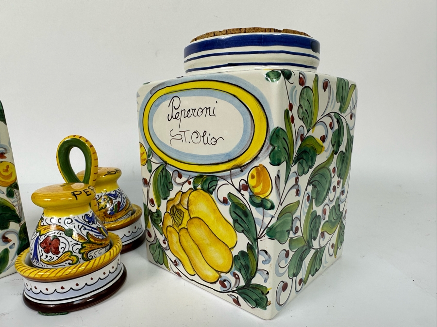 Pair Of Hand Painted Decorative Italian Cannisters 5W X 7H And Italian Hand Painted Salt & Pepper Shakers Retails $250+ [Photo 7]