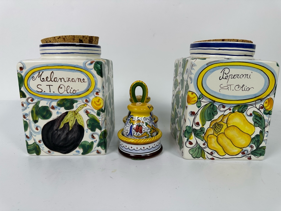 Pair Of Hand Painted Decorative Italian Cannisters 5W X 7H And Italian Hand Painted Salt & Pepper Shakers Retails $250+ [Photo 3]