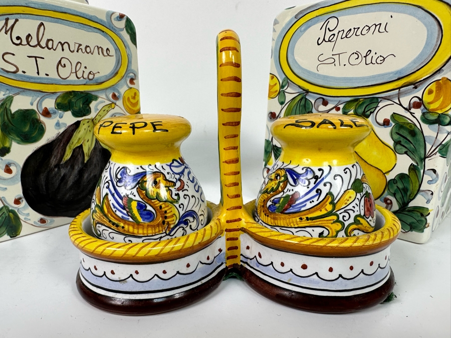 Pair Of Hand Painted Decorative Italian Cannisters 5W X 7H And Italian Hand Painted Salt & Pepper Shakers Retails $250+ [Photo 8]