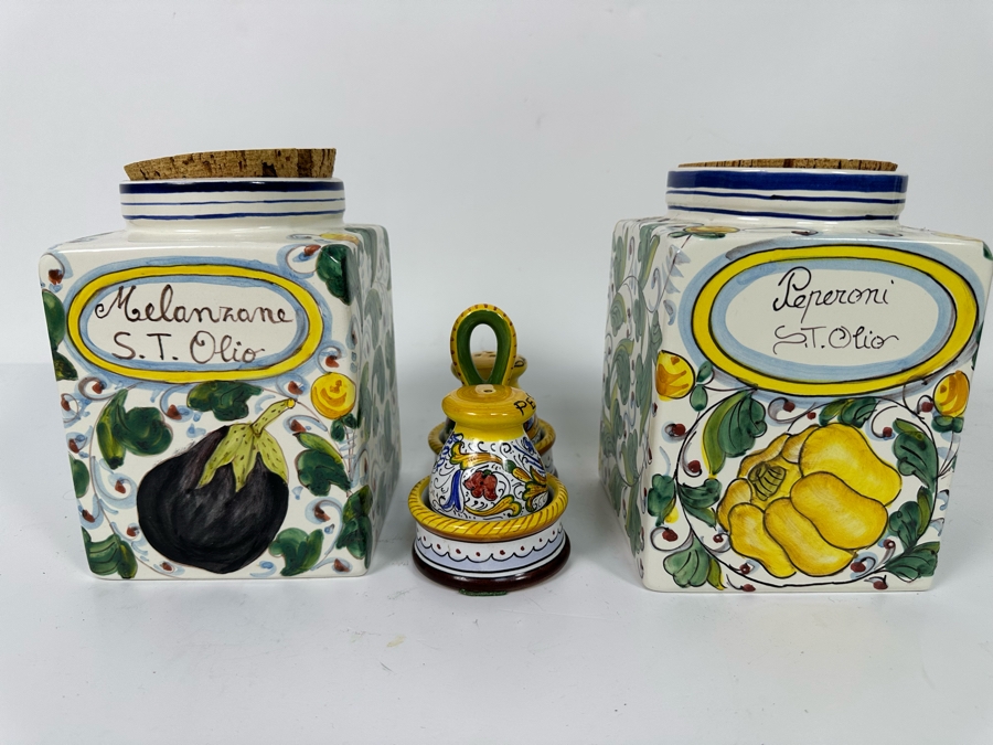Pair Of Hand Painted Decorative Italian Cannisters 5W X 7H And Italian Hand Painted Salt & Pepper Shakers Retails $250+ [Photo 2]