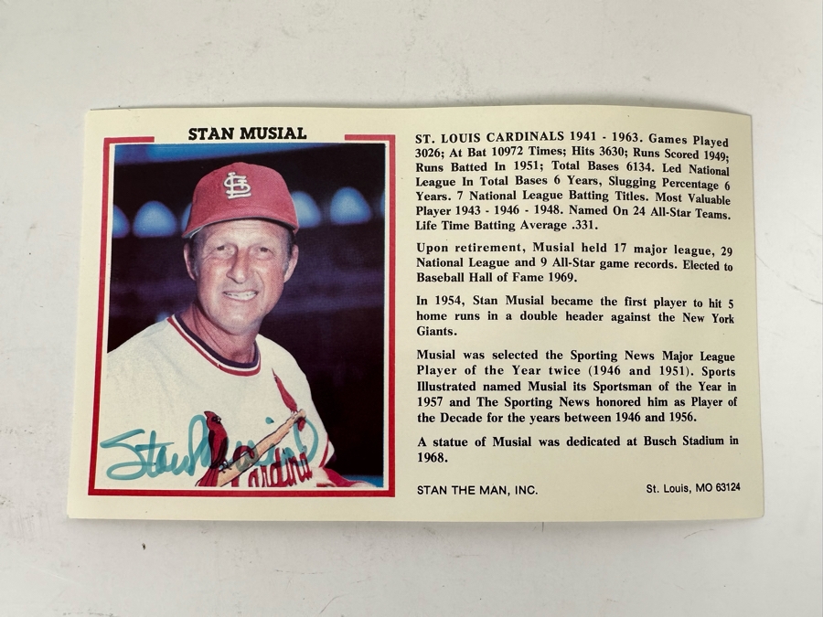 Autographed Stan Musial (Hall Of Famer) Stat Card From Stan The Man, Inc 6 X 3.5 [Photo 3]