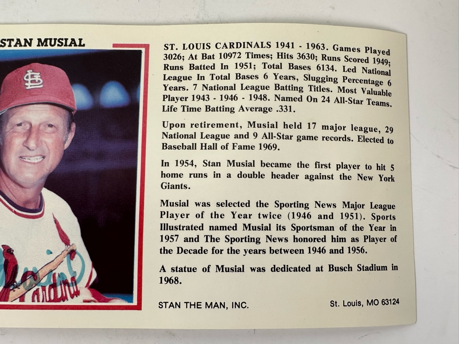 Autographed Stan Musial (Hall Of Famer) Stat Card From Stan The Man, Inc 6 X 3.5 [Photo 6]