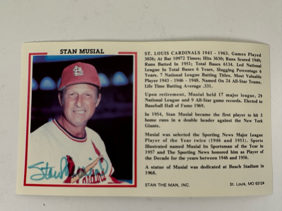 Autographed Stan Musial (Hall Of Famer) Stat Card From Stan The Man, Inc 6 X 3.5 [Photo 2]