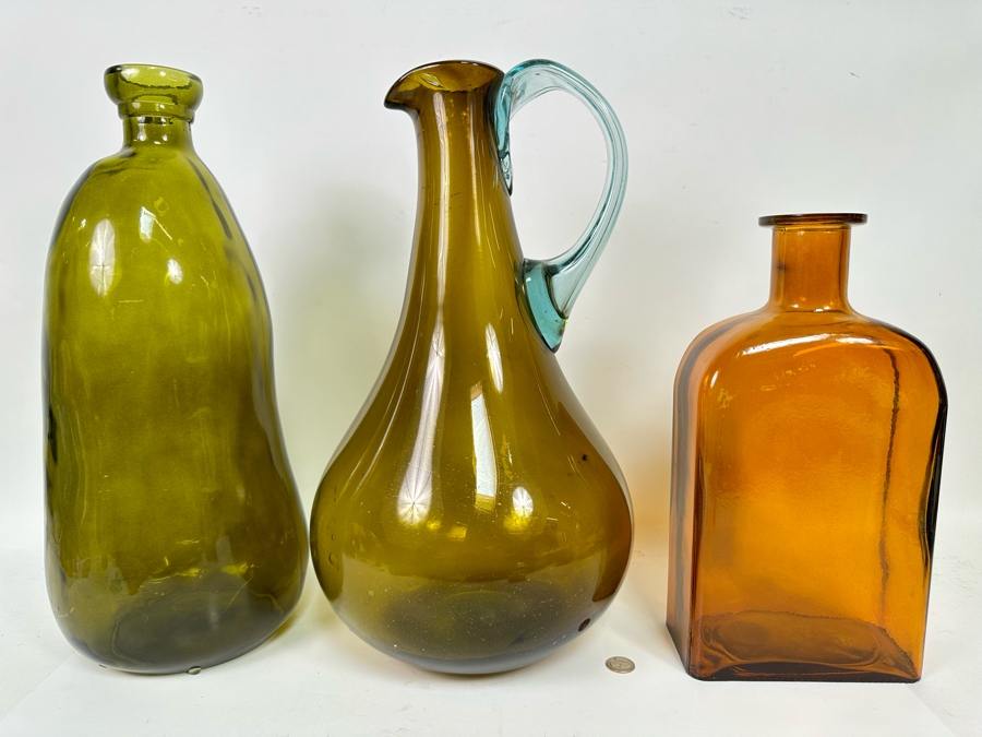 Pair Of Colored Handmade Glass Bottles From Spain And Large Handmade Glass Pitcher 19H [CR] [Photo 3]