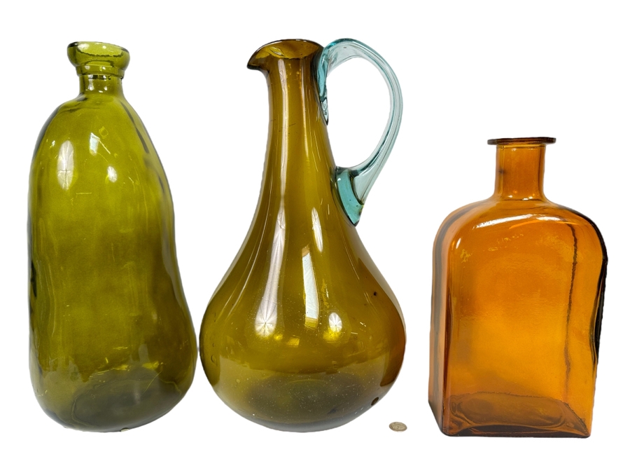 Pair Of Colored Handmade Glass Bottles From Spain And Large Handmade Glass Pitcher 19H [CR]