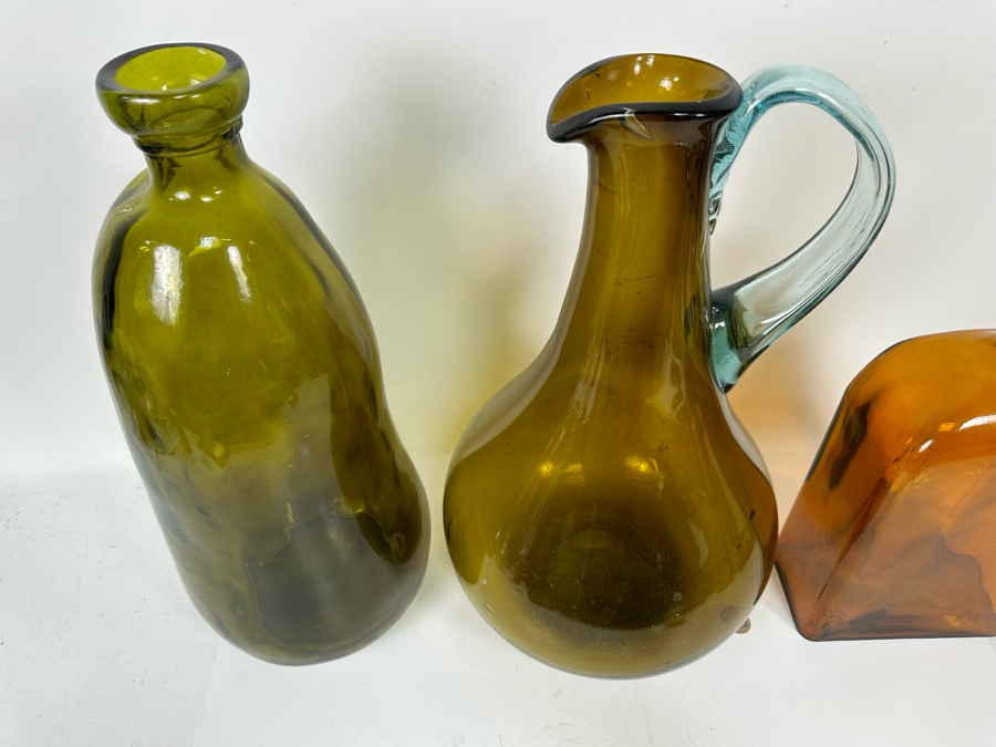 Pair Of Colored Handmade Glass Bottles From Spain And Large Handmade Glass Pitcher 19H [CR] [Photo 5]