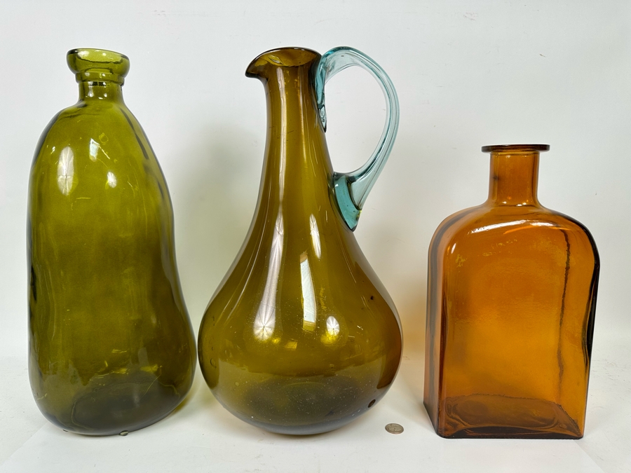 Pair Of Colored Handmade Glass Bottles From Spain And Large Handmade Glass Pitcher 19H [CR] [Photo 2]