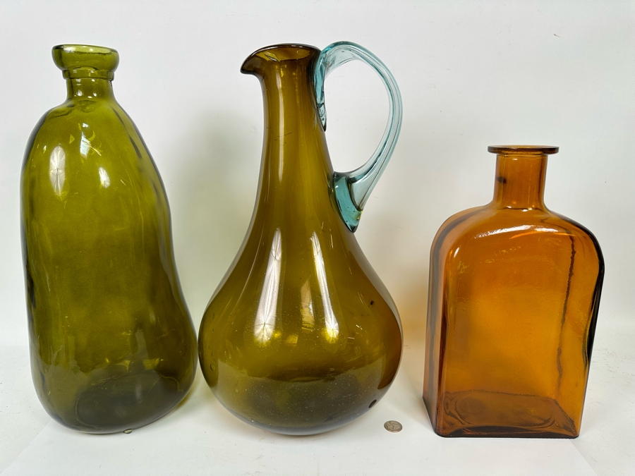 Pair Of Colored Handmade Glass Bottles From Spain And Large Handmade Glass Pitcher 19H [CR] [Photo 4]