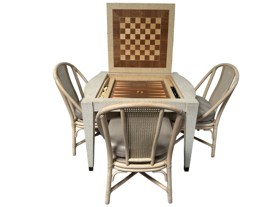 Vintage Gaming Table With Inlaid Wooden Chess And Backgammon Board 42W X 37D X 28H Plus Three Signed McGuire Wicker Chairs (One Not Shown In Main Photo) [Photo 2]