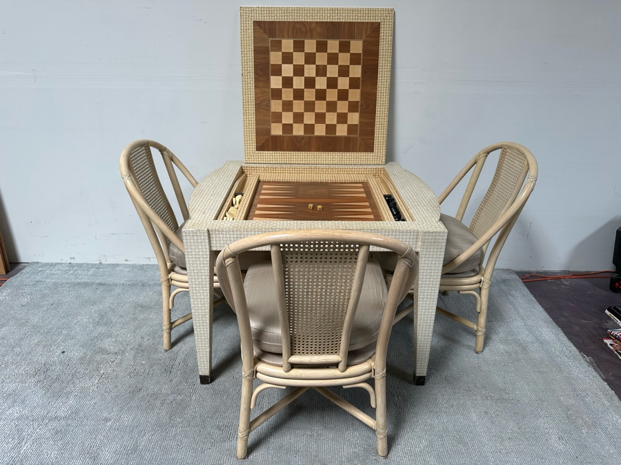 Vintage Gaming Table With Inlaid Wooden Chess And Backgammon Board 42W X 37D X 28H Plus Three Signed McGuire Wicker Chairs (One Not Shown In Main Photo) [Photo 6]
