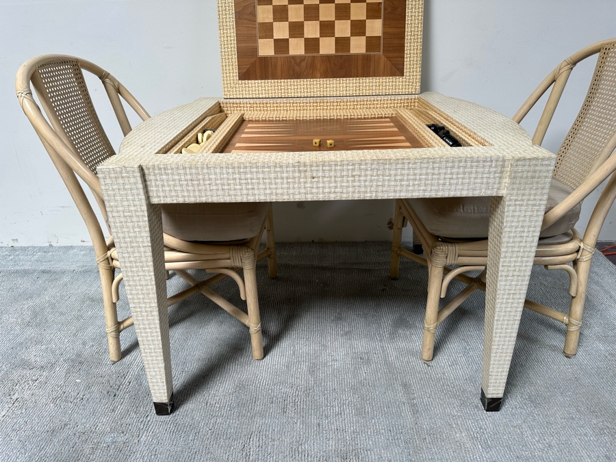 Vintage Gaming Table With Inlaid Wooden Chess And Backgammon Board 42W X 37D X 28H Plus Three Signed McGuire Wicker Chairs (One Not Shown In Main Photo) [Photo 16]