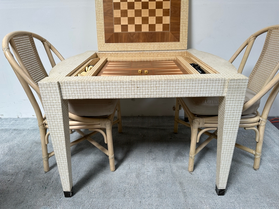 Vintage Gaming Table With Inlaid Wooden Chess And Backgammon Board 42W X 37D X 28H Plus Three Signed McGuire Wicker Chairs (One Not Shown In Main Photo) [Photo 15]