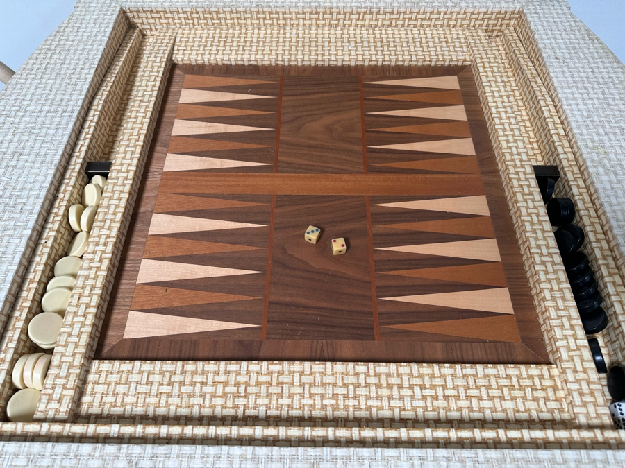 Vintage Gaming Table With Inlaid Wooden Chess And Backgammon Board 42W X 37D X 28H Plus Three Signed McGuire Wicker Chairs (One Not Shown In Main Photo) [Photo 8]