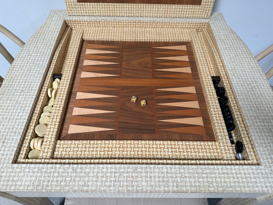 Vintage Gaming Table With Inlaid Wooden Chess And Backgammon Board 42W X 37D X 28H Plus Three Signed McGuire Wicker Chairs (One Not Shown In Main Photo) [Photo 13]