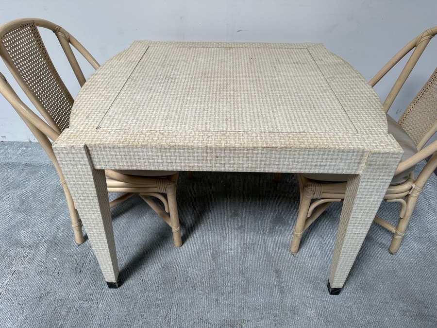 Vintage Gaming Table With Inlaid Wooden Chess And Backgammon Board 42W X 37D X 28H Plus Three Signed McGuire Wicker Chairs (One Not Shown In Main Photo) [Photo 3]