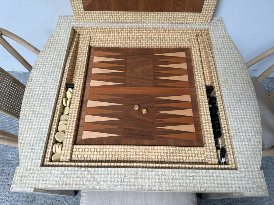 Vintage Gaming Table With Inlaid Wooden Chess And Backgammon Board 42W X 37D X 28H Plus Three Signed McGuire Wicker Chairs (One Not Shown In Main Photo) [Photo 7]
