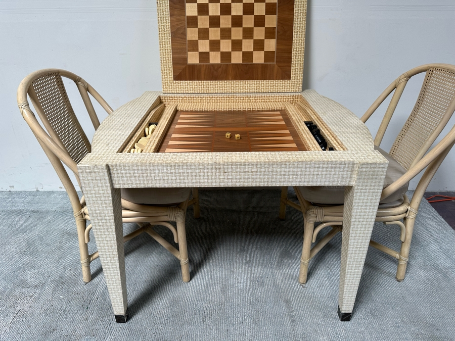Vintage Gaming Table With Inlaid Wooden Chess And Backgammon Board 42W X 37D X 28H Plus Three Signed McGuire Wicker Chairs (One Not Shown In Main Photo) [Photo 14]