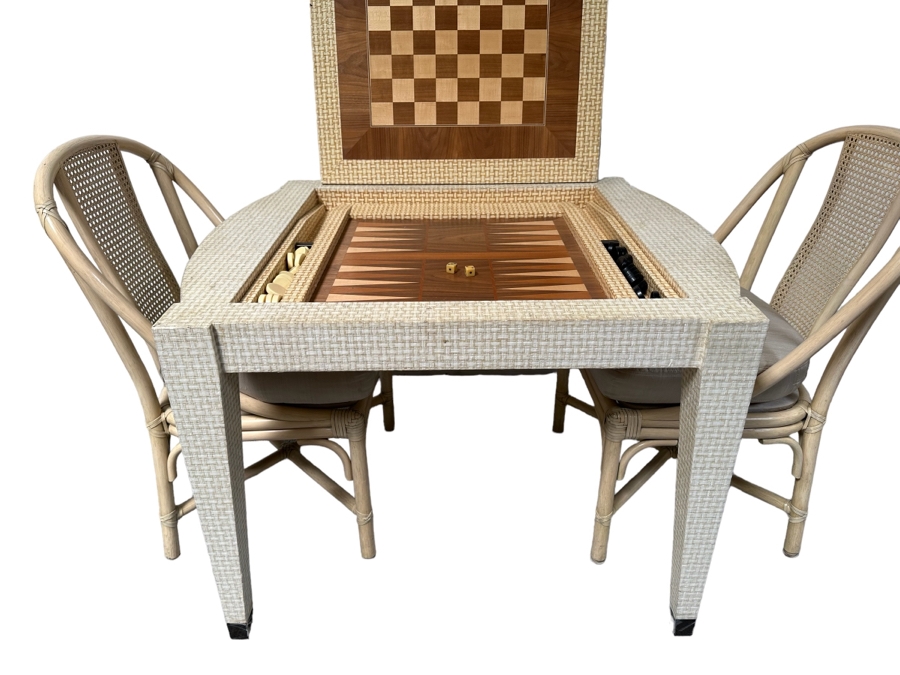 Vintage Gaming Table With Inlaid Wooden Chess And Backgammon Board 42W X 37D X 28H Plus Three Signed McGuire Wicker Chairs (One Not Shown In Main Photo)