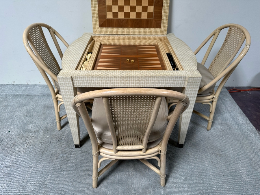 Vintage Gaming Table With Inlaid Wooden Chess And Backgammon Board 42W X 37D X 28H Plus Three Signed McGuire Wicker Chairs (One Not Shown In Main Photo) [Photo 5]