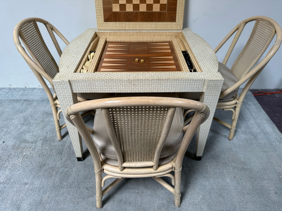 Vintage Gaming Table With Inlaid Wooden Chess And Backgammon Board 42W X 37D X 28H Plus Three Signed McGuire Wicker Chairs (One Not Shown In Main Photo) [Photo 11]