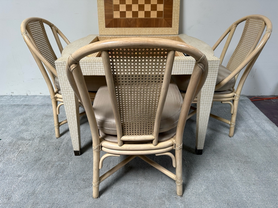 Vintage Gaming Table With Inlaid Wooden Chess And Backgammon Board 42W X 37D X 28H Plus Three Signed McGuire Wicker Chairs (One Not Shown In Main Photo) [Photo 10]