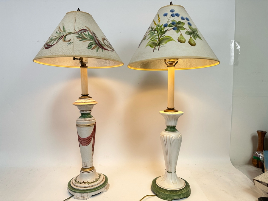 Pair Of Metal Table Lamps With Handpainted Shades 30H [Photo 2]