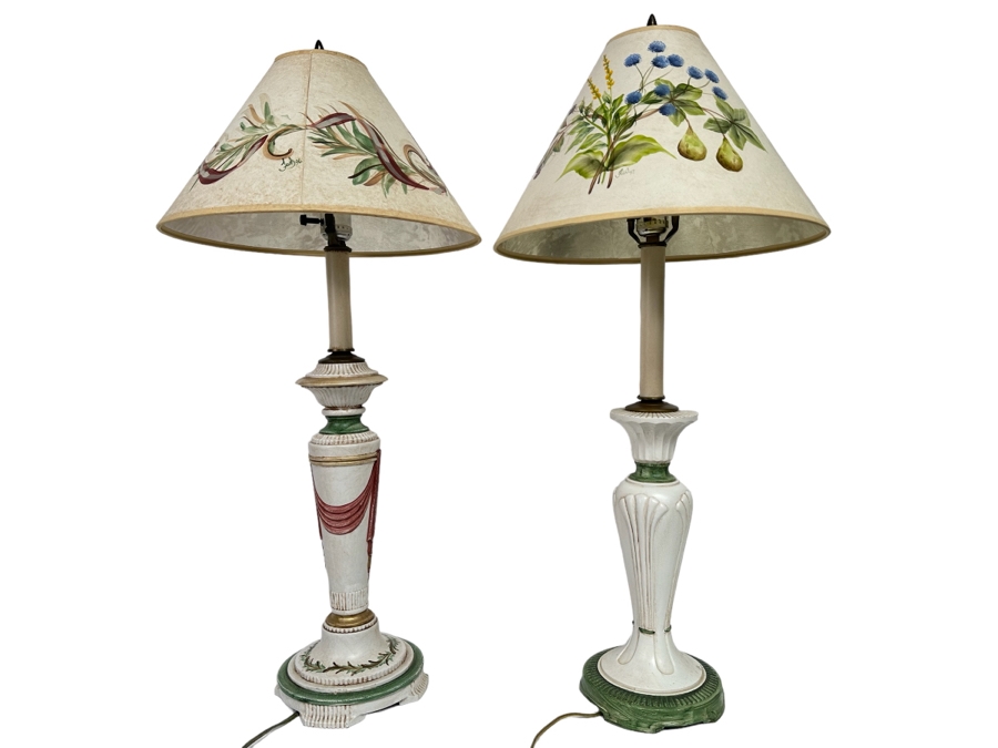 Pair Of Metal Table Lamps With Handpainted Shades 30H [Photo 1]