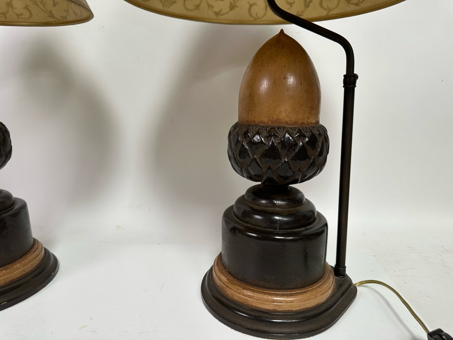 Pair Of Wooden Acorn Table Lamps With Adjustable Height Shades 25H [Photo 5]