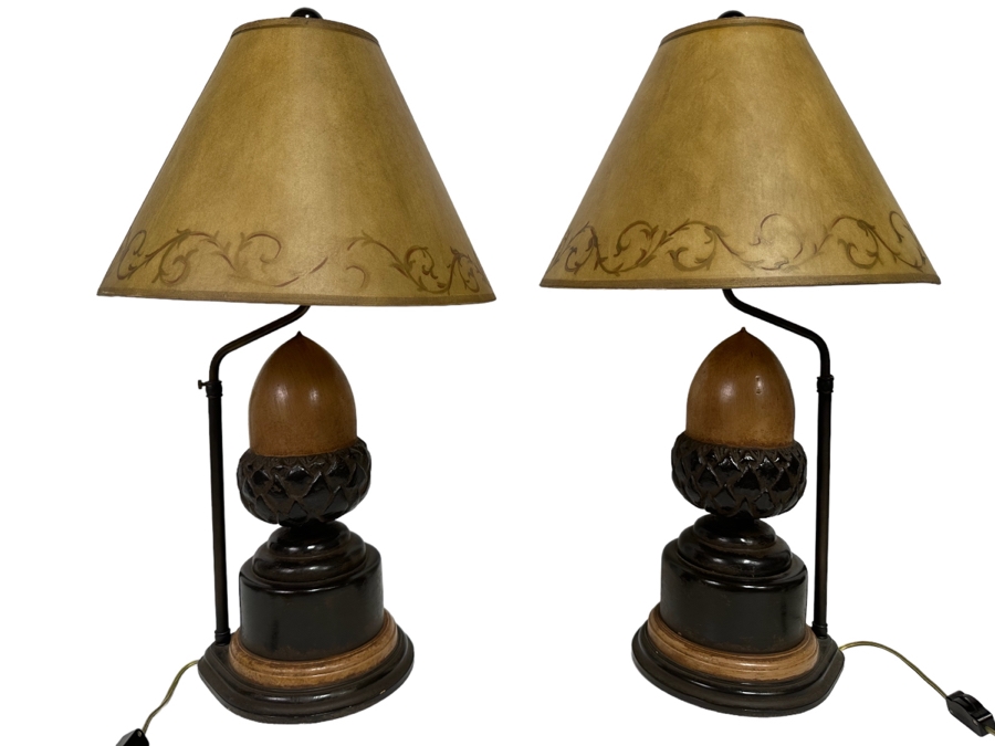 Pair Of Wooden Acorn Table Lamps With Adjustable Height Shades 25H [Photo 1]