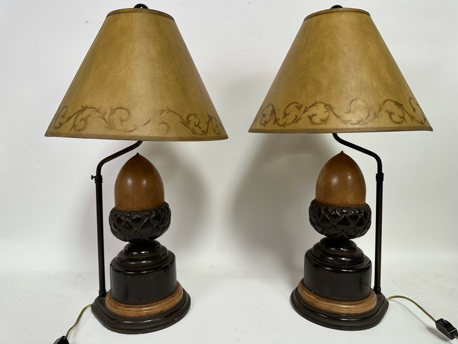 Pair Of Wooden Acorn Table Lamps With Adjustable Height Shades 25H [Photo 2]