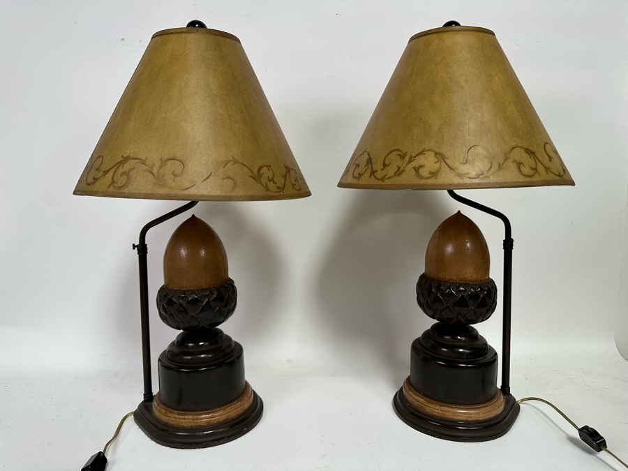 Pair Of Wooden Acorn Table Lamps With Adjustable Height Shades 25H [Photo 3]