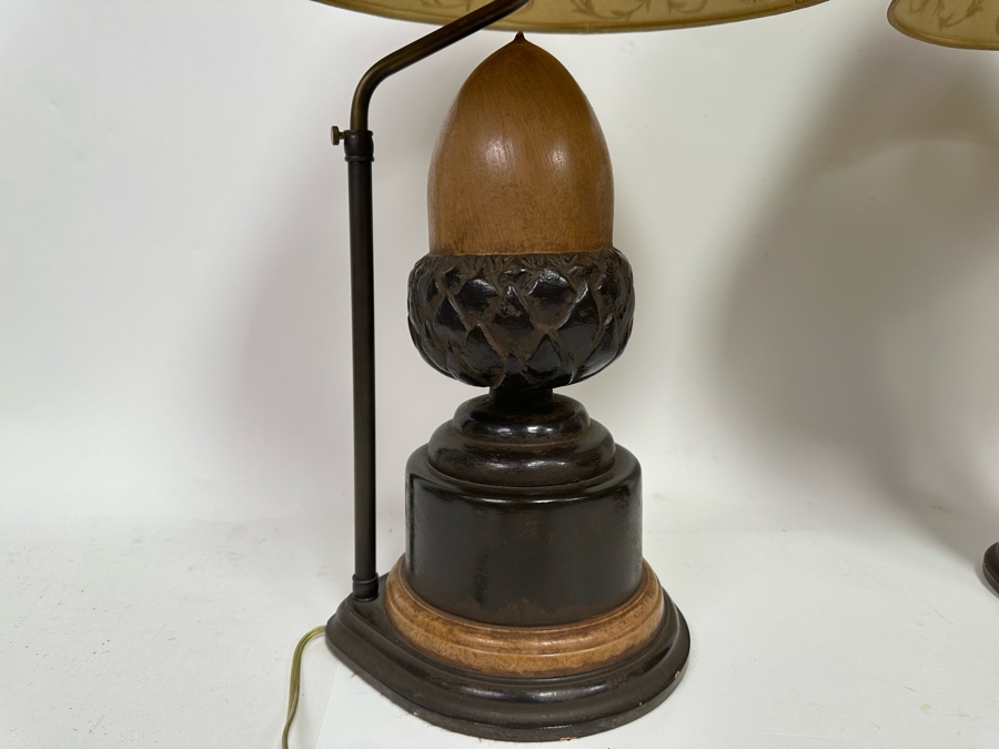 Pair Of Wooden Acorn Table Lamps With Adjustable Height Shades 25H [Photo 4]
